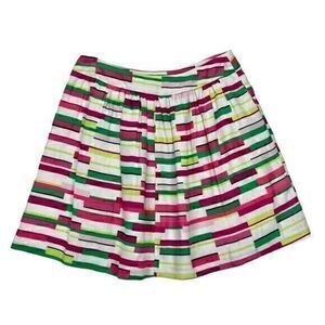 Kaari Blue Linen Pleated Skirt Womens 10 White Pink Multi Abstract Circle Mini